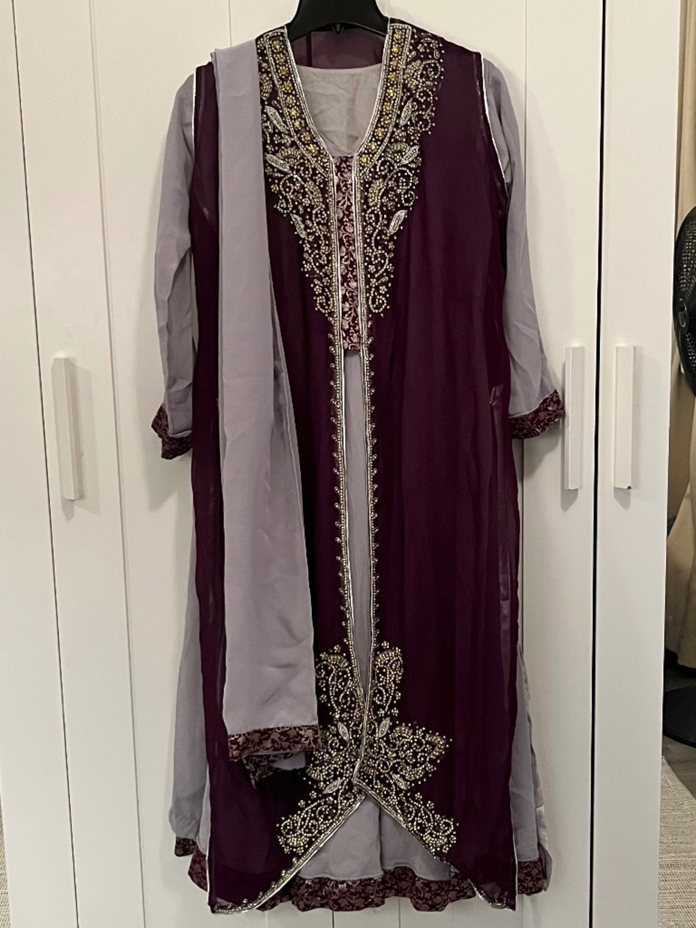 purple gray 4-piece desi dress, pakistani indian dress